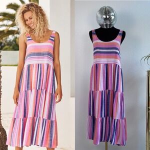 Mister Zimi Winifred Midi Dress in Navy Pink Stripe, Size Small (AU 8), bohemian